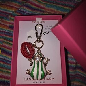 True to Form Green & White Enamel Frog Keychain with Red Lip Bag Charm